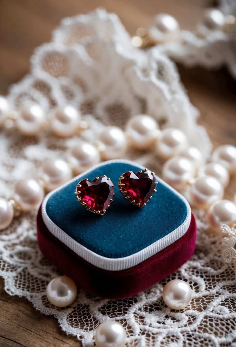 Two crimson heart-shaped studs nestled on a velvet cushion, surrounded by delicate lace and shimmering pearls