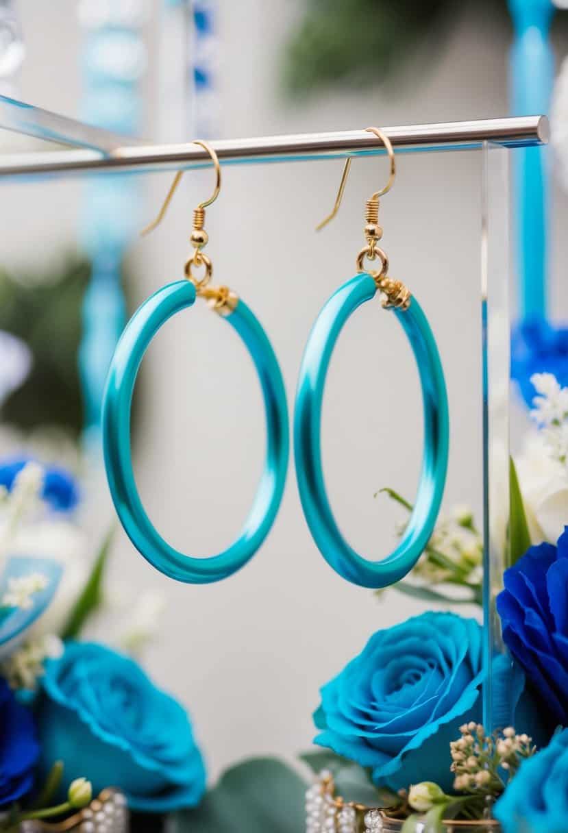 A pair of turquoise halo hoops dangle from a delicate display, surrounded by blue wedding décor and floral accents