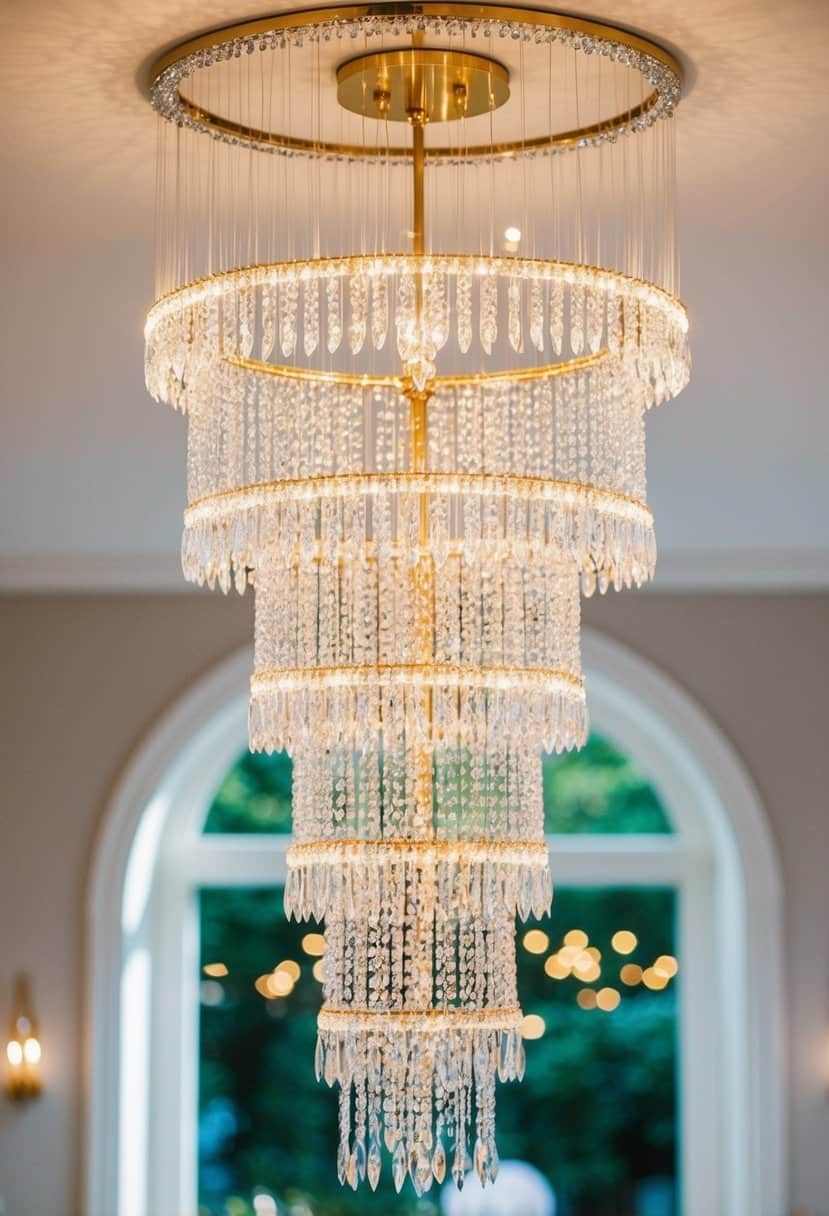 Sparkling chandeliers dangle from v-neck dress, catching light