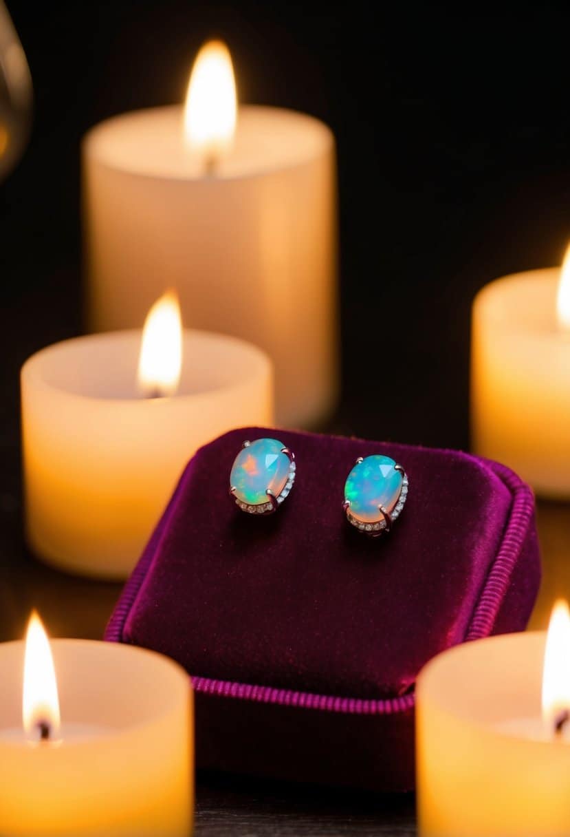 Two fire opal earrings displayed on a velvet cushion, surrounded by glowing candlelight