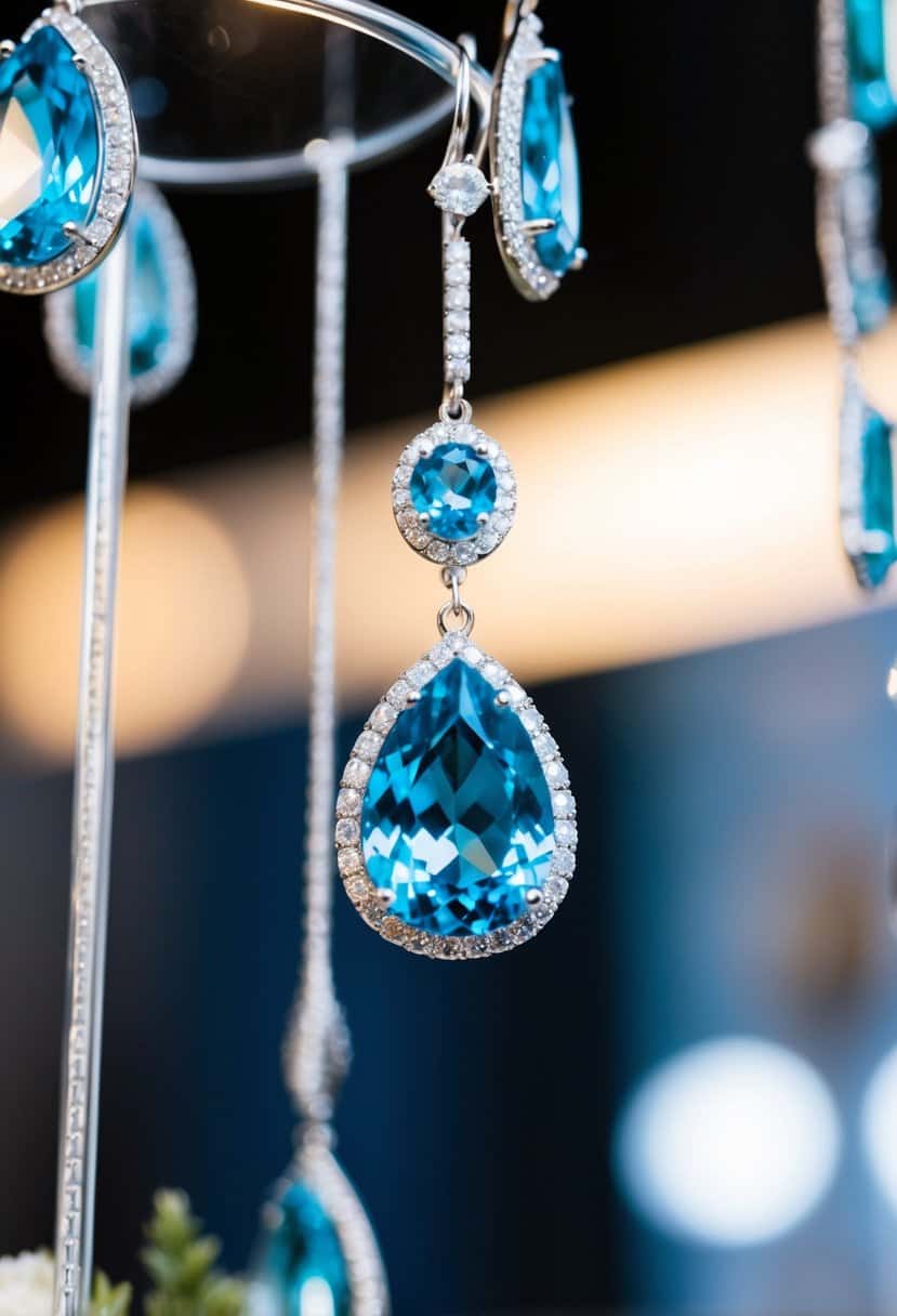 A sparkling blue topaz chandelier earring dangling from a delicate wedding display