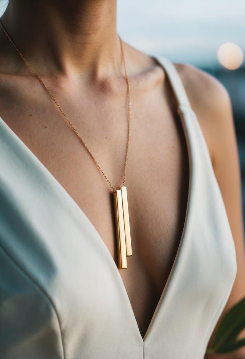 A minimalist pair of gold bars dangle from elegant v neck dress