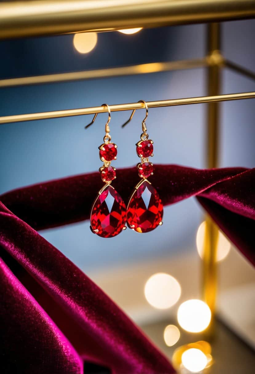 A pair of red Swarovski crystal earrings hanging from a delicate display, surrounded by lush velvet fabric and sparkling with reflected light