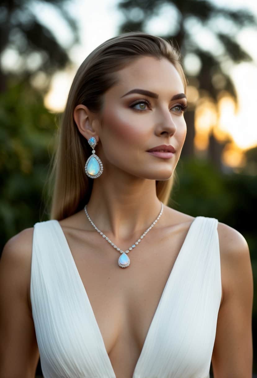 A woman's v-neck dress with opal and diamond teardrop earrings