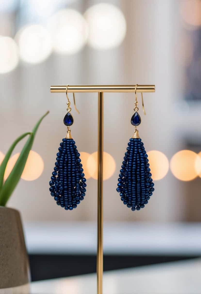 A pair of navy blue cascade drop earrings hanging from a jewelry stand