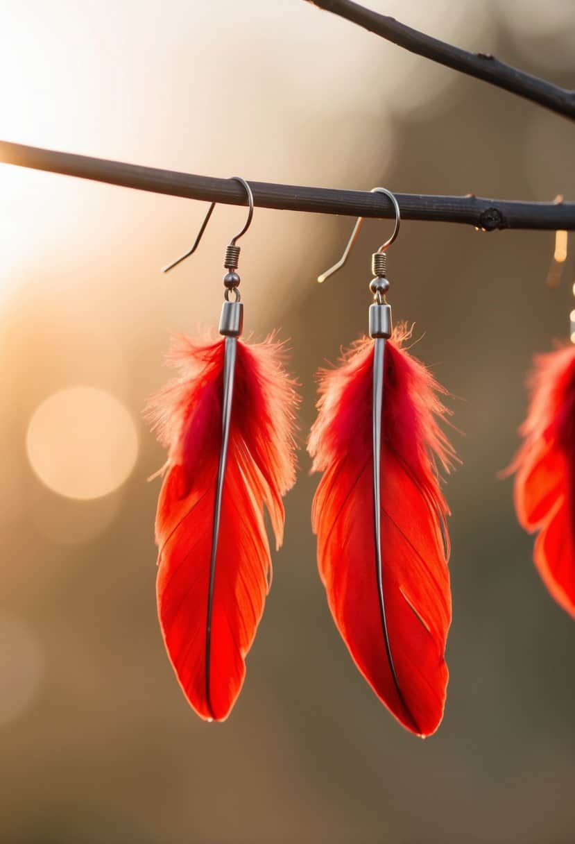 A close-up of red feather earrings against a soft, blurred background, with warm lighting to highlight their intricate details