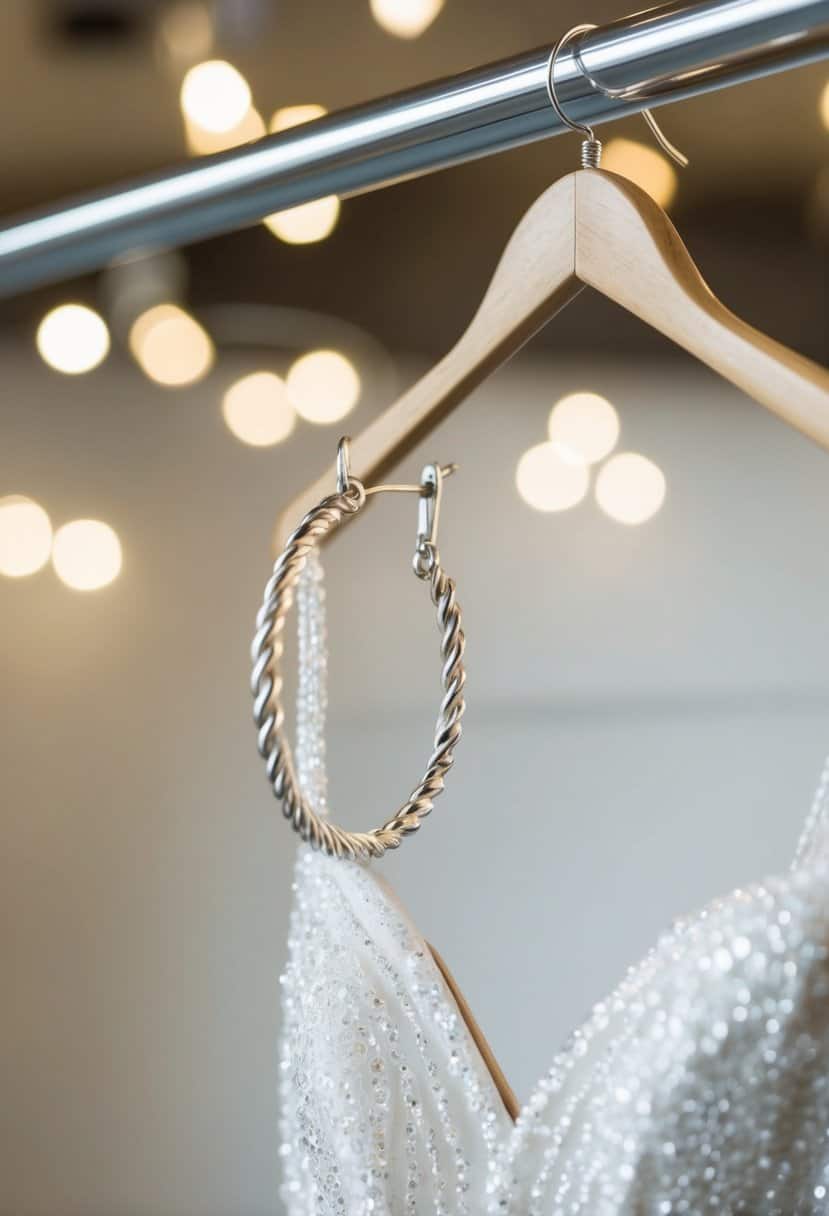 A silver twisted hoop earring hanging from a jewelry stand next to a v-neck wedding dress on a hanger