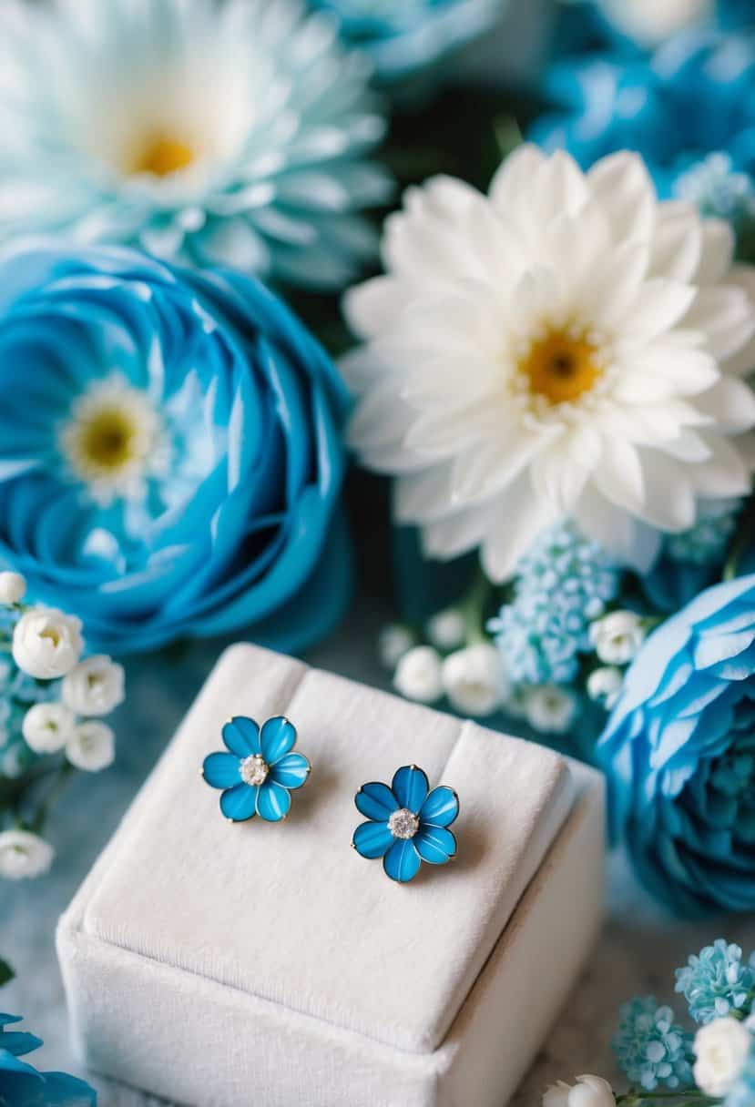 Two delicate azure flower stud earrings on a white velvet display, surrounded by soft blue and white floral arrangements