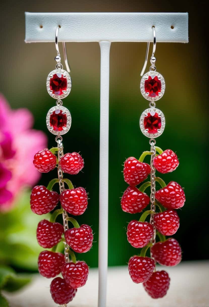 A pair of raspberry gem climbers dangle from a jewelry stand, catching the light with their vibrant red hue, perfect for a wedding