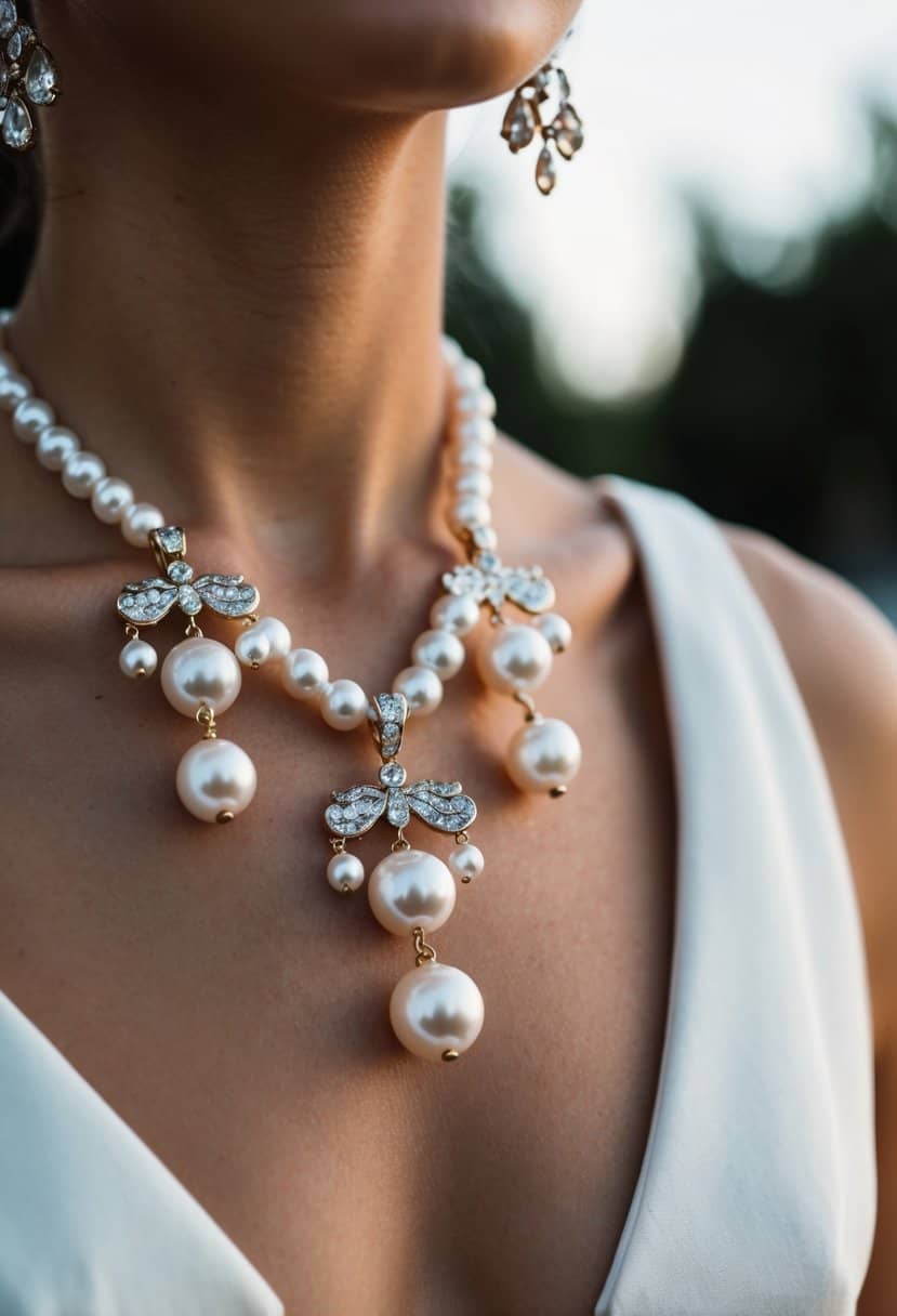 Baroque Pearl Dangles hang from v neck dress