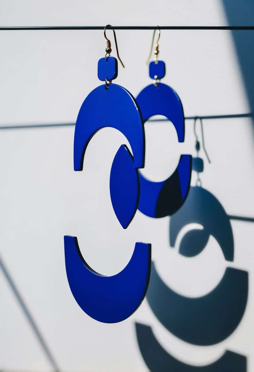 A pair of indigo statement danglers hanging against a white background, casting a bold and elegant shadow