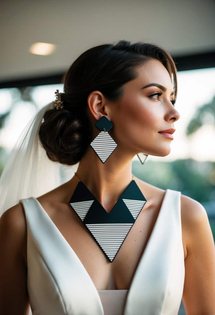 A pair of bold, geometric statement earrings hanging elegantly against the backdrop of a v-neck wedding dress