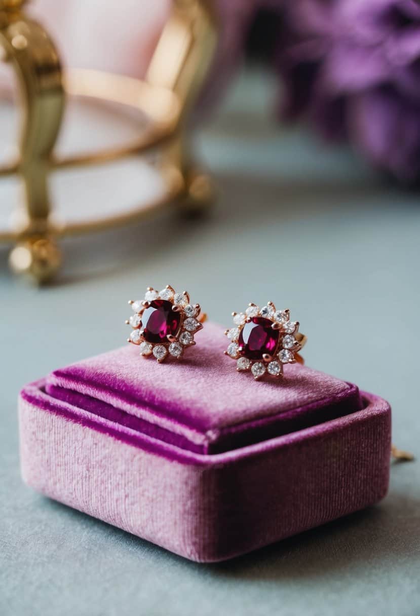 A pair of rose gold and ruby stud earrings displayed on a velvet cushion in a luxurious, elegant setting