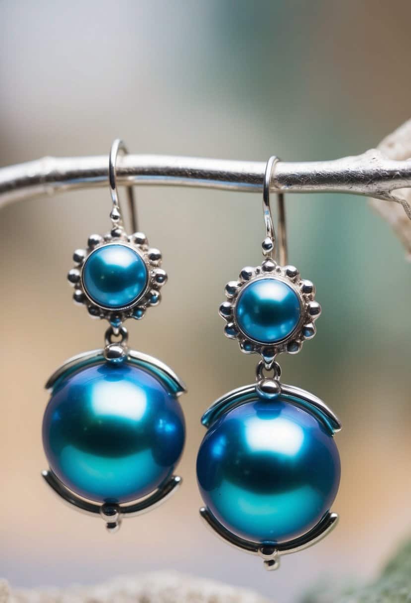 A vintage-inspired earring design featuring cerulean pearls on a delicate silver setting, with a romantic and elegant feel