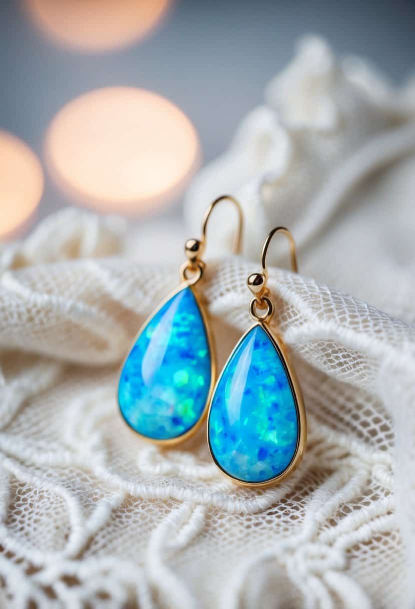 A pair of blue opal teardrop earrings resting on a delicate lace fabric with soft, romantic lighting