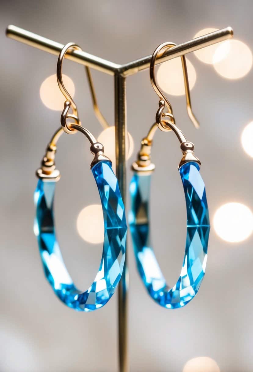 A pair of ice blue crystal hoops dangle from a delicate earring stand, catching the light and shimmering with a soft, ethereal glow