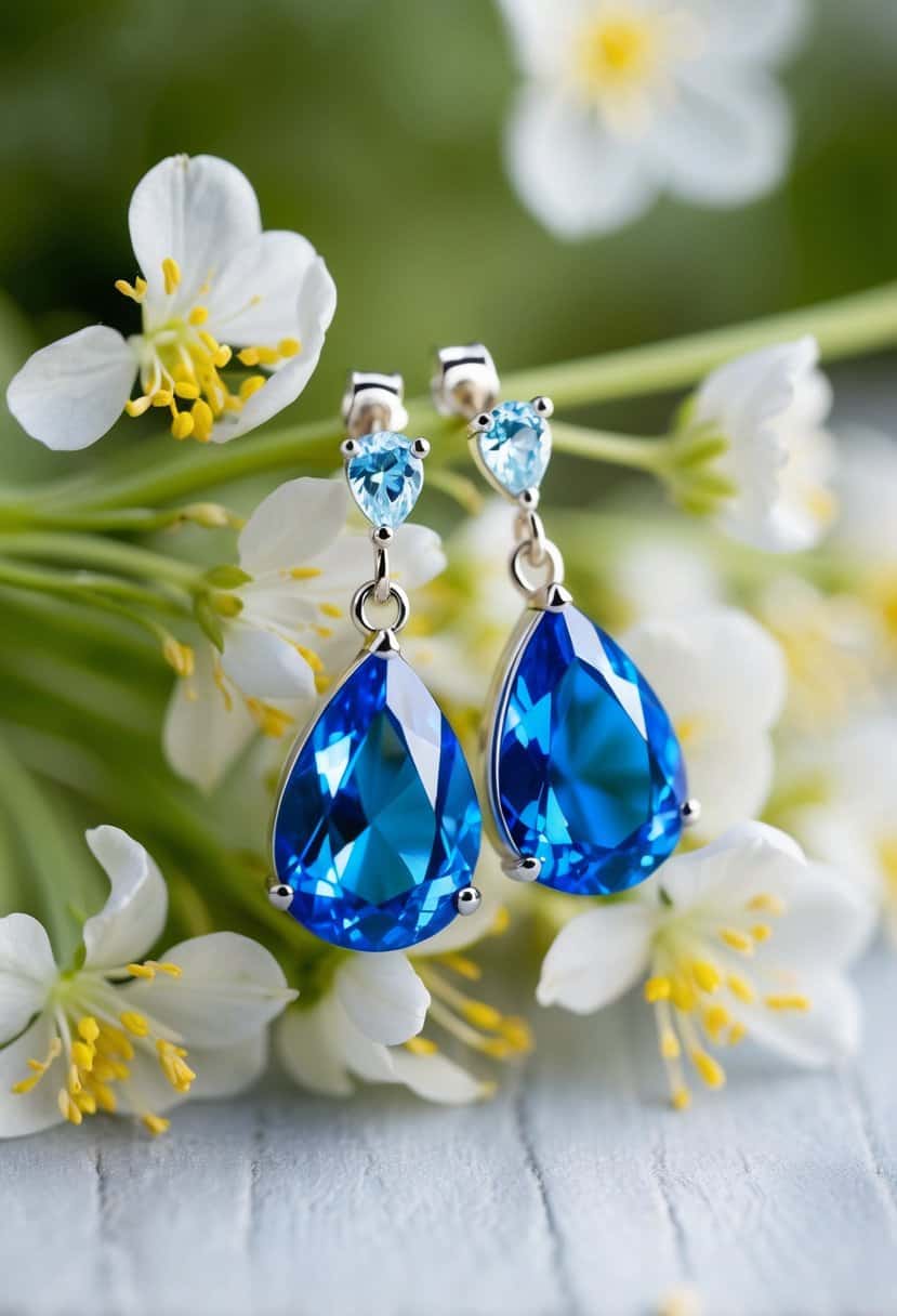 A sparkling pair of Montana blue drop earrings, surrounded by delicate white flowers and shimmering under soft, natural light