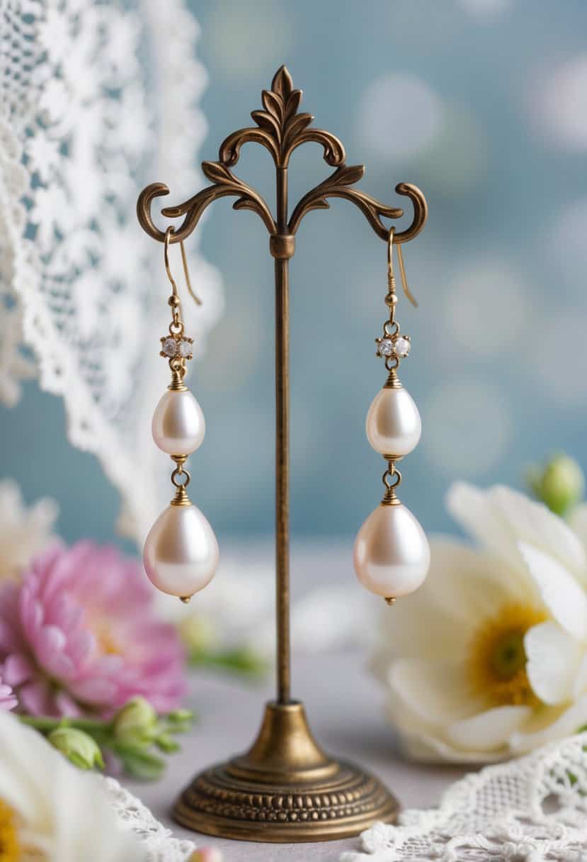 A pair of vintage pearl droplet earrings suspended from an ornate stand, surrounded by delicate lace and floral elements