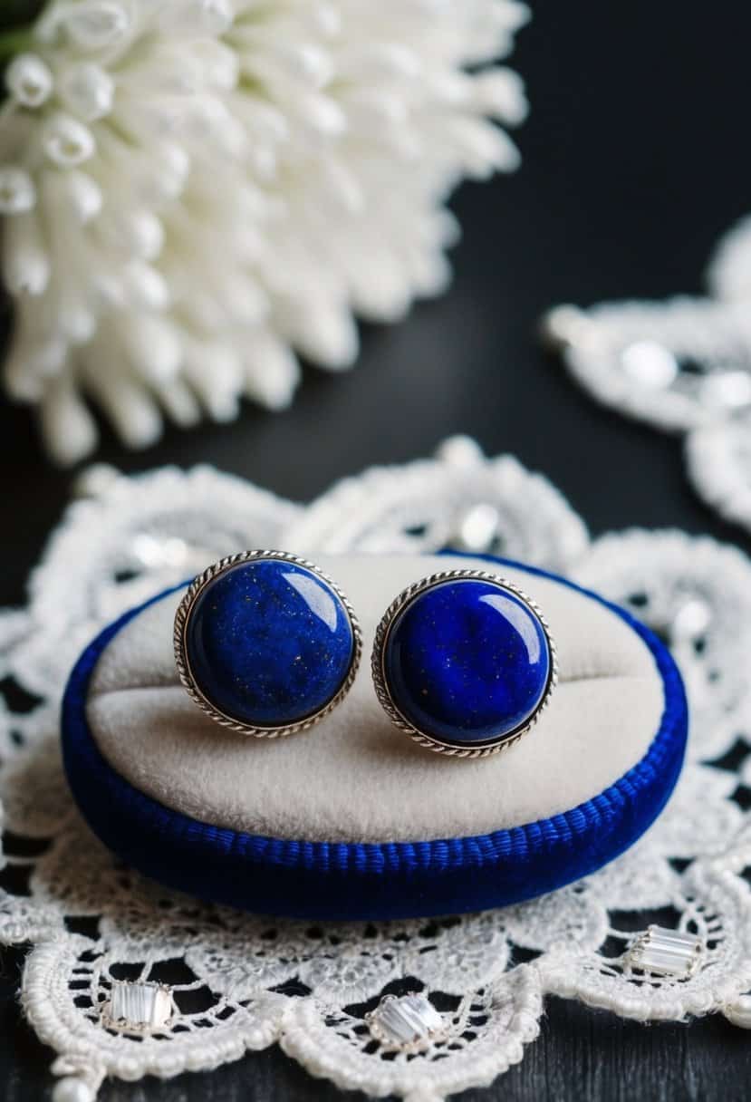 Two lapis lazuli studs resting on a velvet cushion, surrounded by delicate white lace and shimmering silver accents