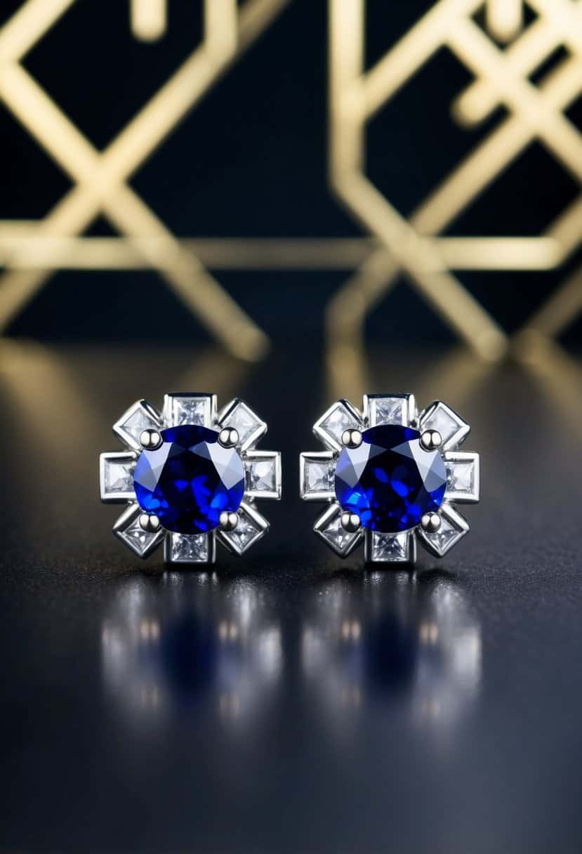 Two sapphire studs in Art Deco style, set against a backdrop of geometric patterns and metallic accents