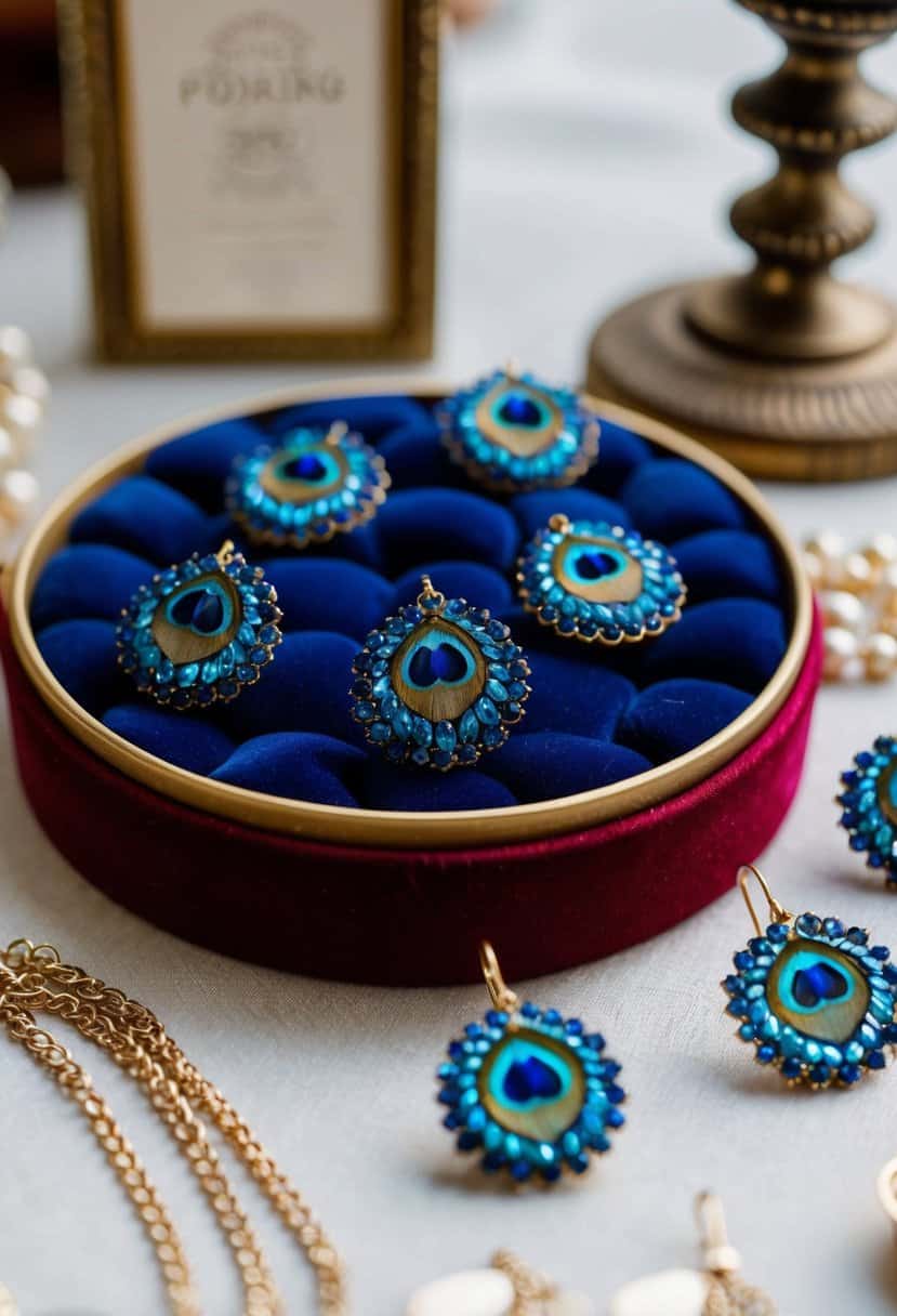 Clusters of peacock blue wedding earrings displayed on a velvet-lined jewelry tray