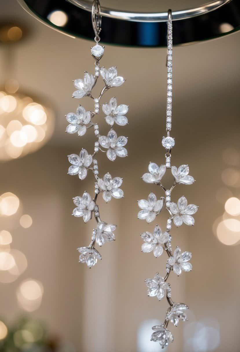 A pair of floral diamond climbers dangle from an elegant display, catching the light and sparkling with a touch of romance