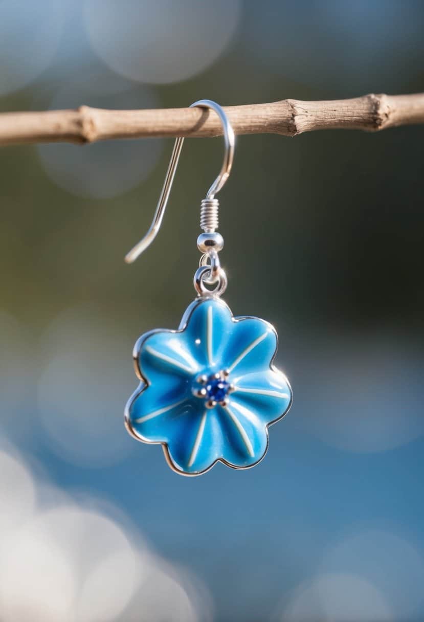 A delicate cornflower blue enamel earring dangles from a silver hook, catching the light and casting a soft, elegant glow