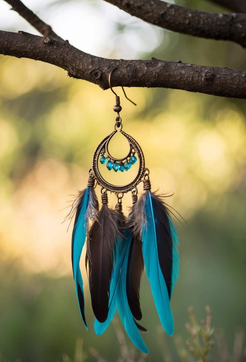 A bohemian feather chandelier earring hanging from a rustic tree branch with soft, natural lighting illuminating the intricate details