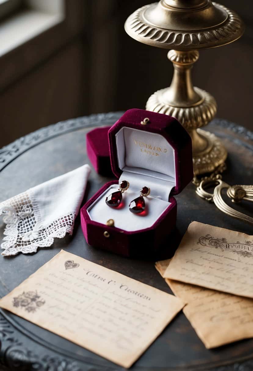 A Victorian-style table with a velvet jewelry box holding garnet teardrop earrings. A lace handkerchief and vintage love letters are scattered around