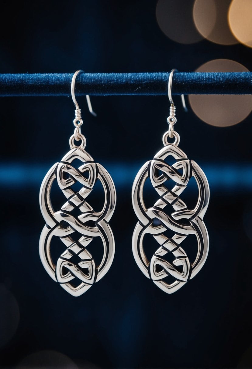 Two intricately intertwined Celtic knotwork earrings displayed against a dark velvet background, catching the light and casting delicate shadows