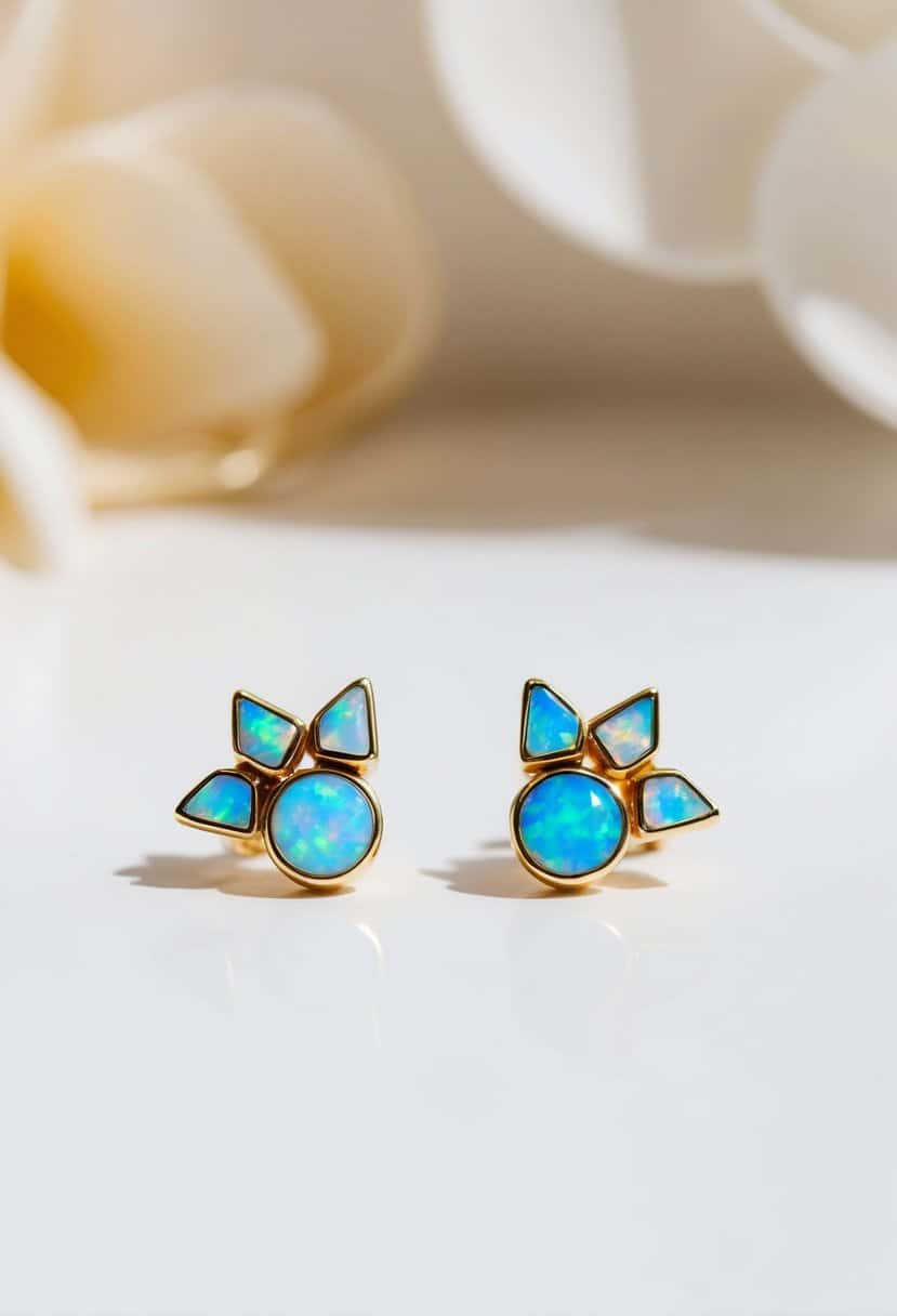 Two opal studs arranged in a geometric pattern on a white background