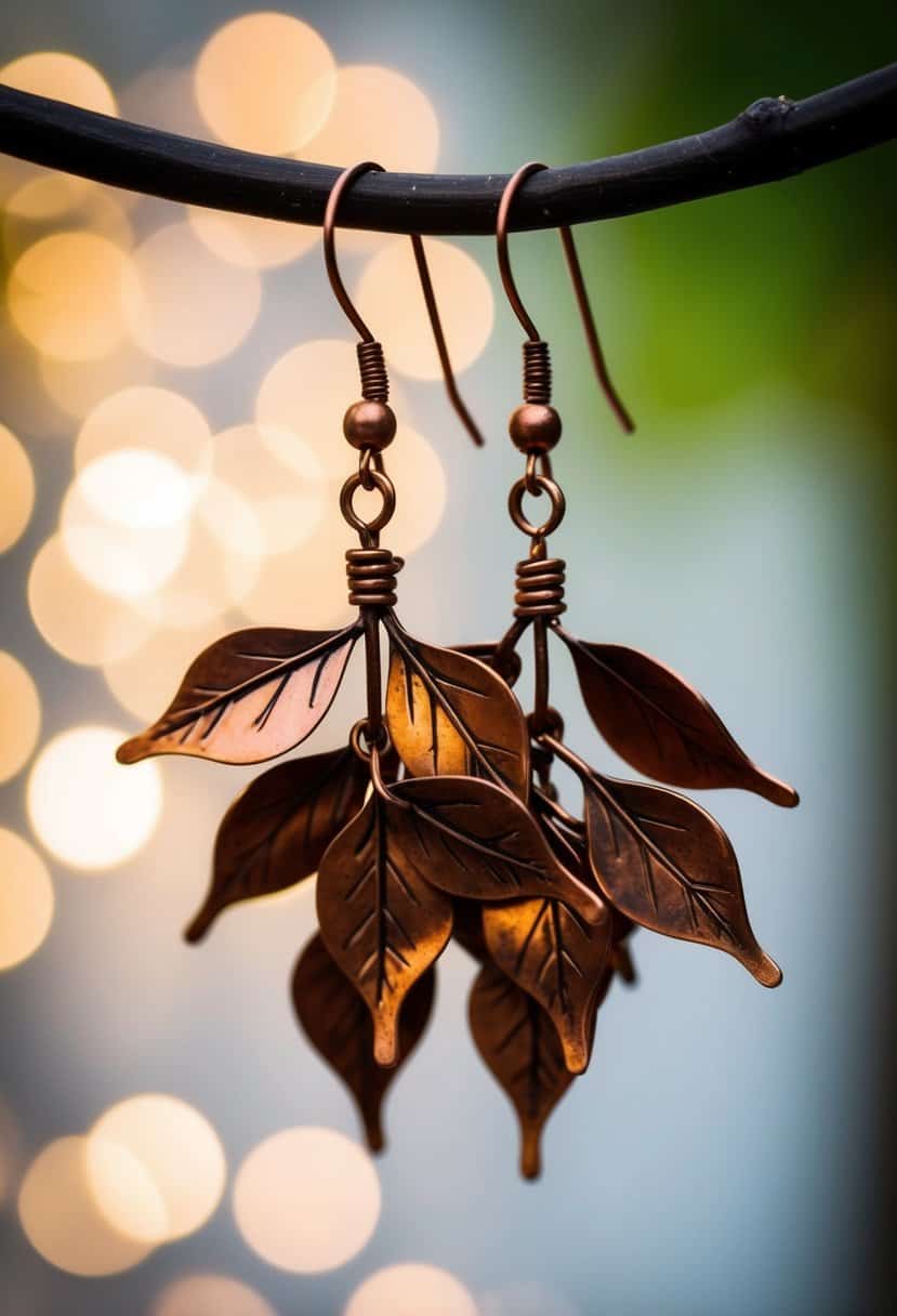 A cluster of rustic copper leaves dangle from delicate wedding earrings, catching the light in a whimsical and elegant display