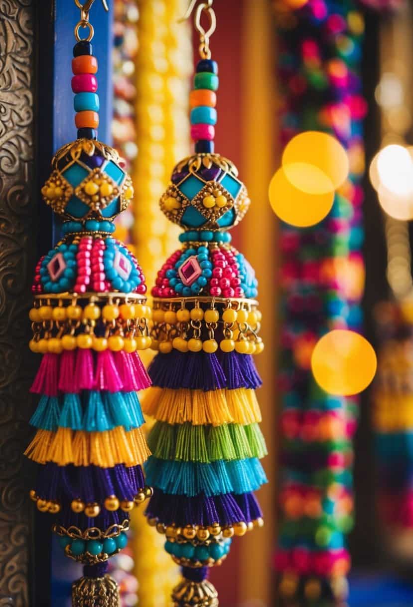 Colorful beaded tassels dangle from ornate earrings, showcasing intricate ethnic designs