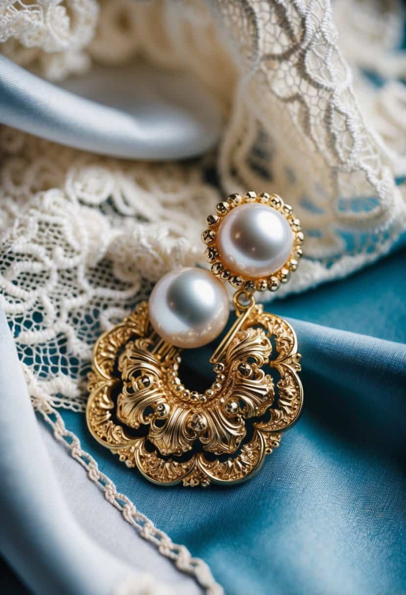 A baroque pearl earring with intricate gold details, set against a luxurious backdrop of silk and lace