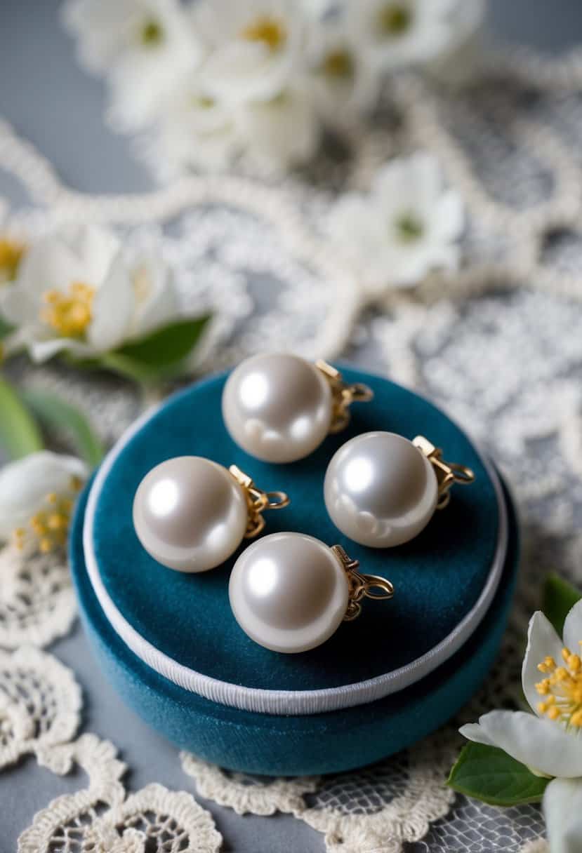 A close-up of faux pearl clip-on earrings arranged on a velvet cushion, surrounded by delicate lace and floral accents