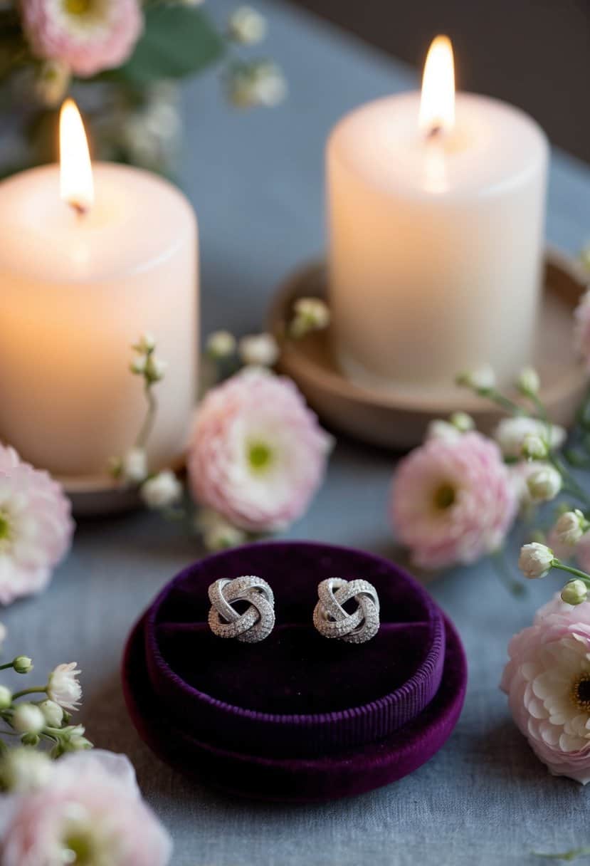 A pair of Twist Knot Solitaire earrings displayed on a velvet cushion, surrounded by delicate floral arrangements and soft candlelight