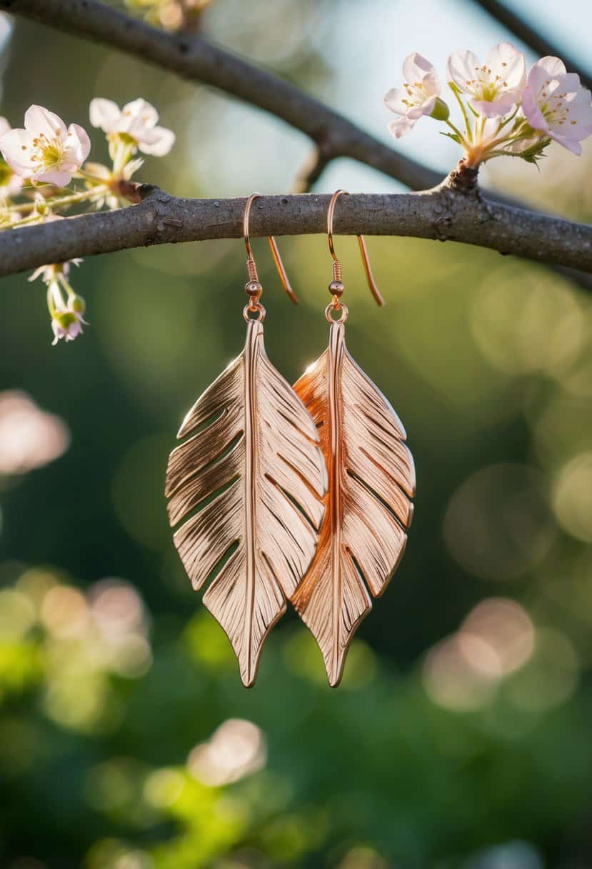 Rose gold leaf-shaped earrings dangle from a tree branch, surrounded by delicate flowers and shimmering in the sunlight