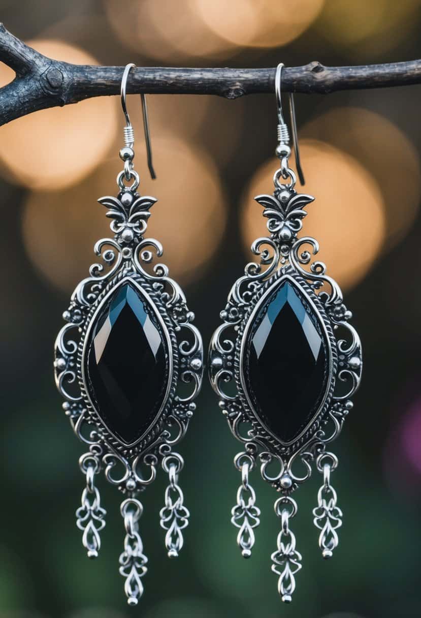 A pair of intricate, Gothic-inspired black onyx earrings, featuring ornate silver filigree and delicate, dangling chains