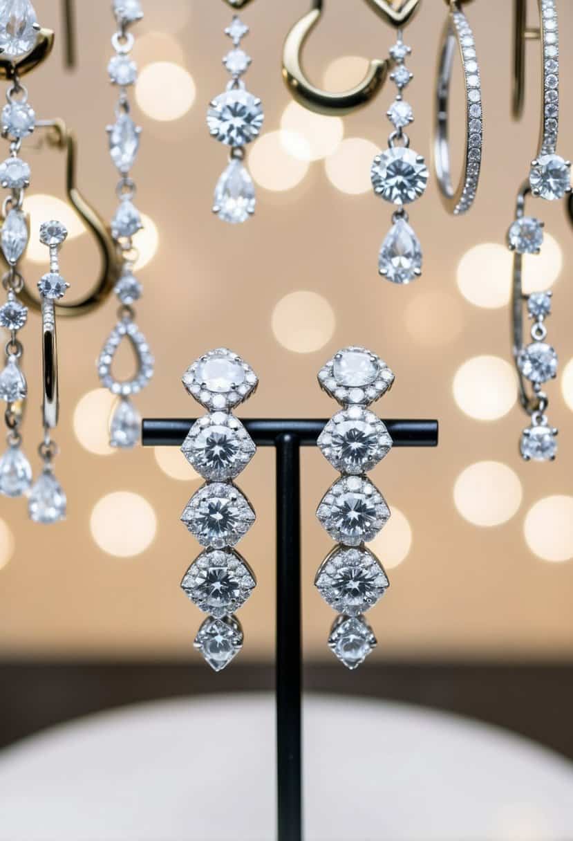 A pair of Art Deco diamond climbers on a backdrop of elegant wedding earrings stacked in a display