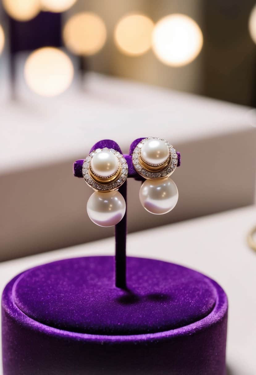 A pair of pearl and diamond jacket earrings stacked on a velvet jewelry display, with soft lighting highlighting their elegant design