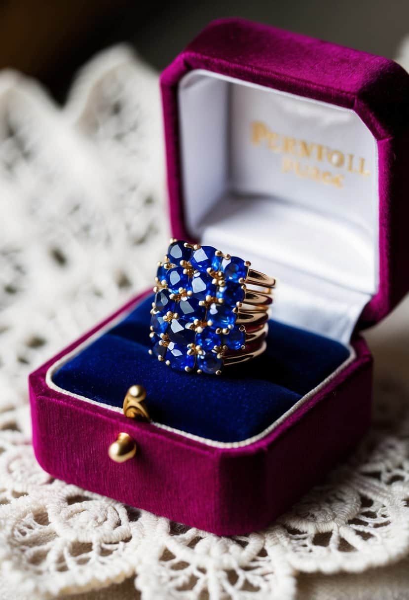 A delicate stack of vintage sapphire studs arranged on a lace-trimmed velvet jewelry box