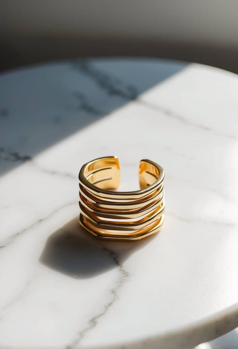 A stack of geometric gold ear cuffs arranged on a white marble surface, with soft natural light casting shadows