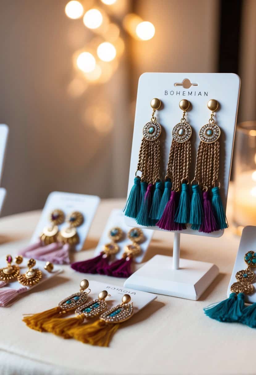 A table with a variety of bohemian tassel drop earrings stacked on a display, with soft lighting and a romantic ambiance