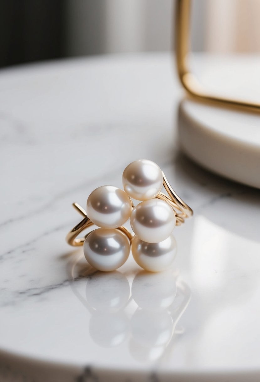 A pair of modern Baroque pearl earrings stacked on a white marble surface with soft, natural lighting