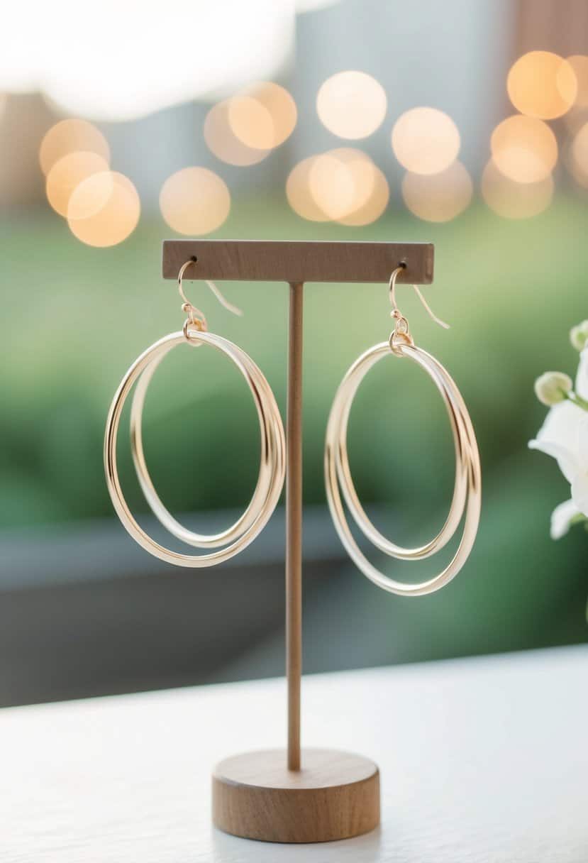 A simple, elegant display of stacked minimalist Huggy Hoops wedding earrings