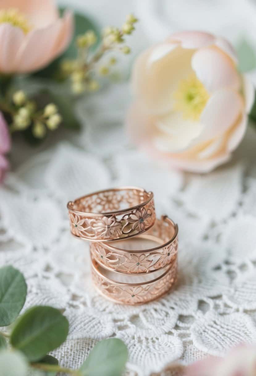 A pair of delicate floral filigree dangle earrings stacked on a white lace background, surrounded by soft pastel flowers and greenery