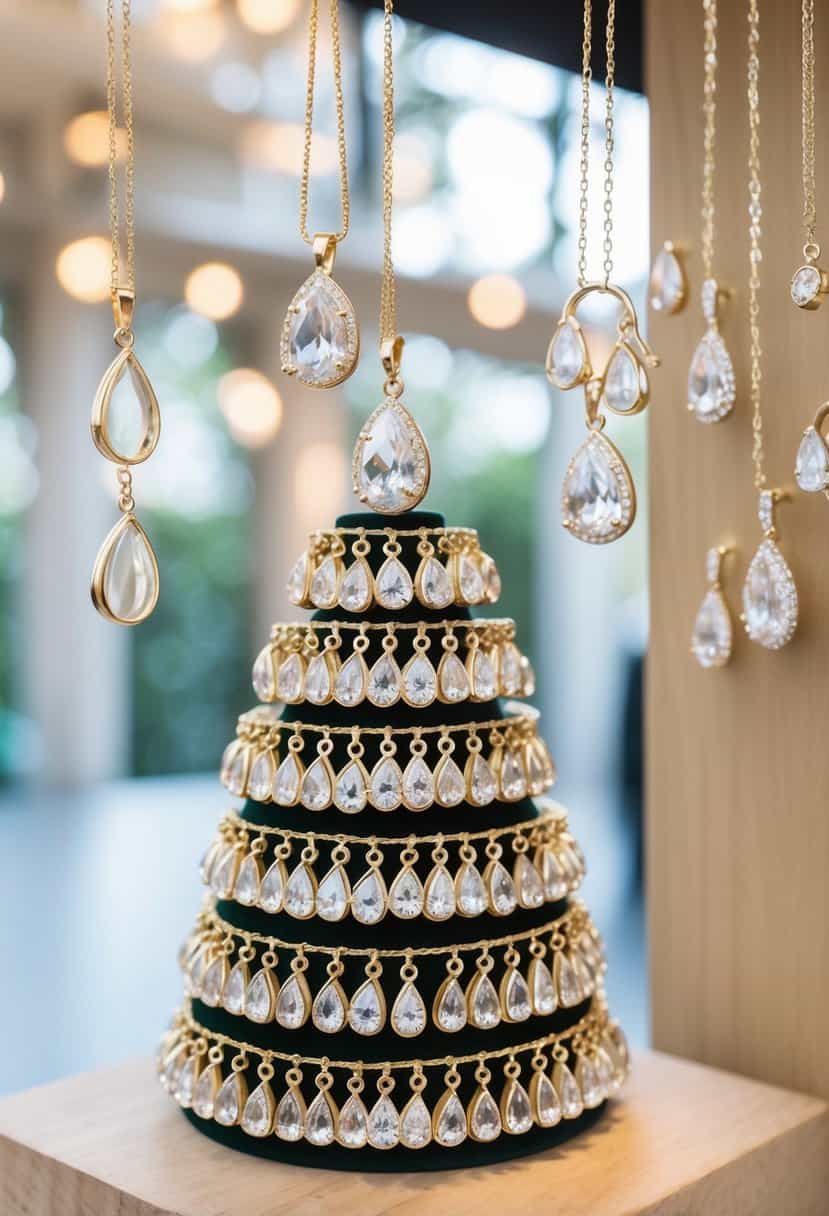 A display of elegant teardrop pendants stacked in various arrangements for wedding earring inspiration