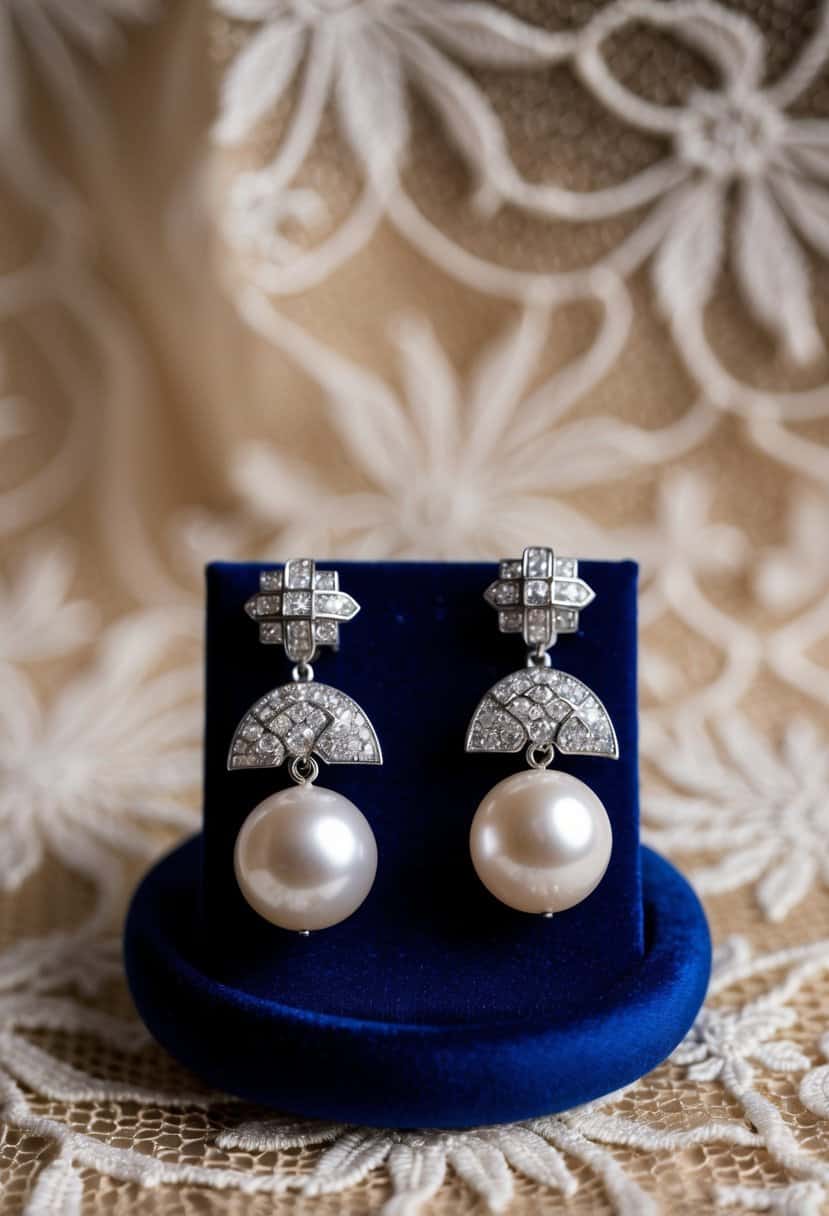 A pair of Art Deco pearl earrings displayed on a velvet cushion with a vintage lace backdrop