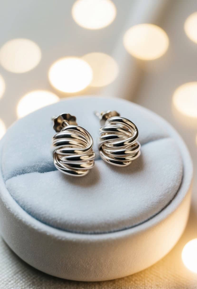 A pair of sterling silver twist stack earrings displayed on a white velvet cushion with soft lighting