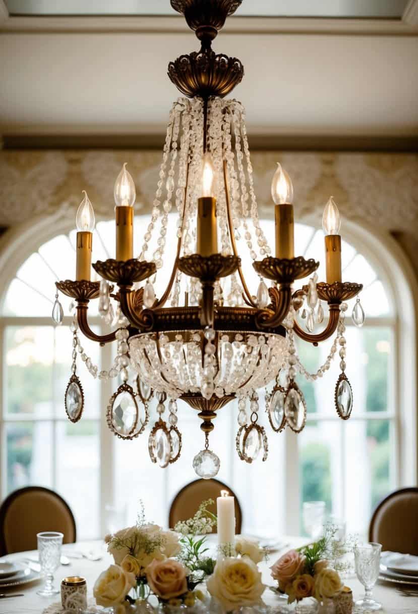 A Victorian chandelier hangs above a table adorned with vintage wedding earrings and delicate lace